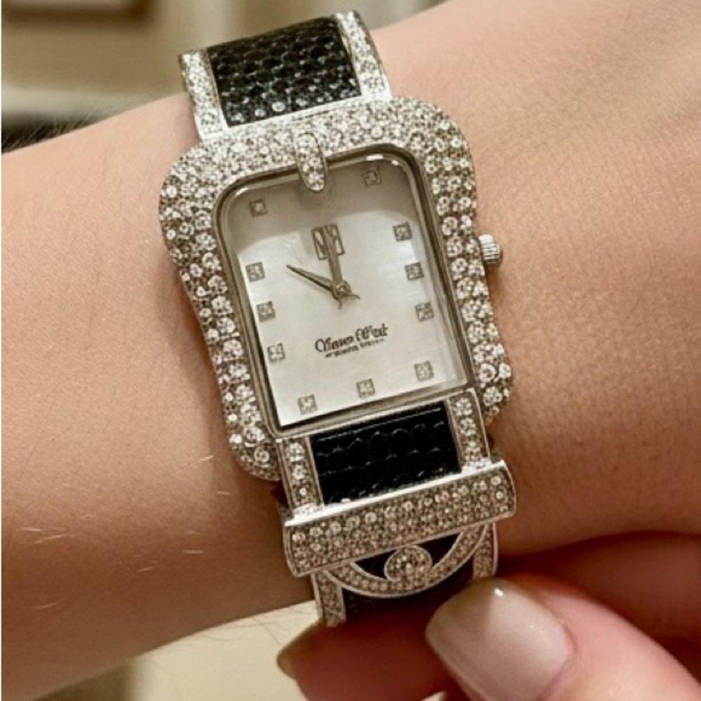 Victoria Wieck Black and Silver Belt Watch adorn with Rhinestone.